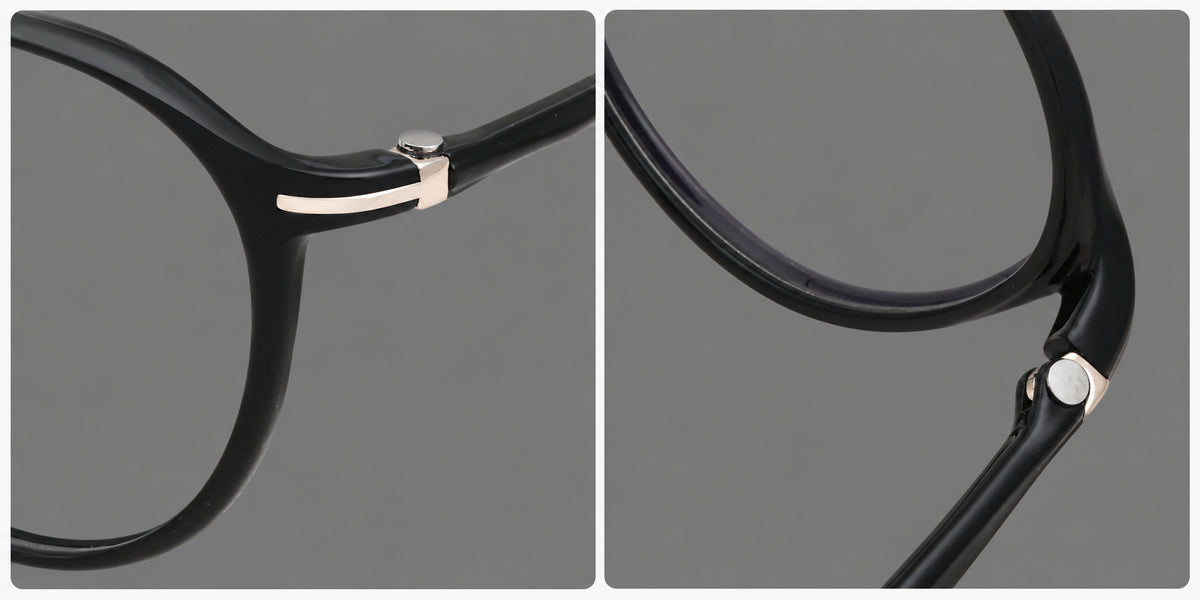 Retro round plastic eyeglasses with a curved bridge and slim metal corner accents, frame details