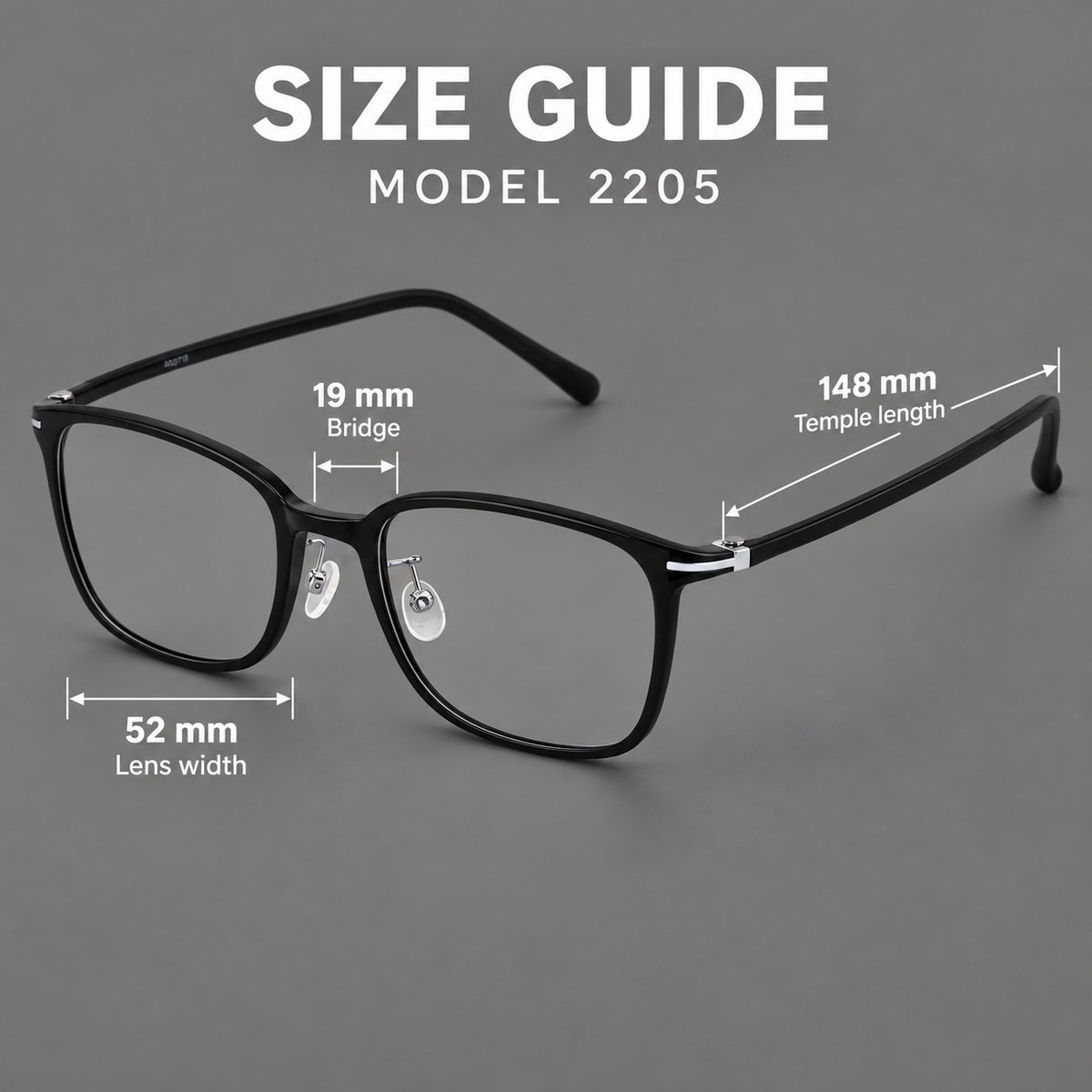 Classic square plastic eyeglasses with broad lenses and softly rounded edges, size guide in millimetres