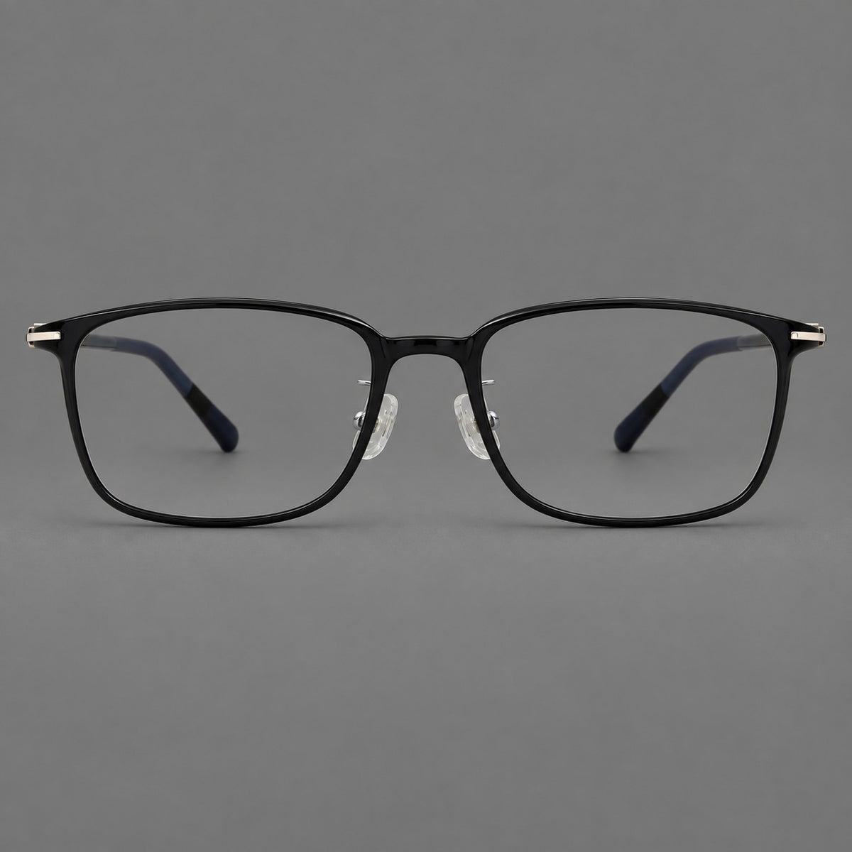 Low profile rectangular plastic eyeglasses with a straight browline and slim temples in Glossy Black, front view