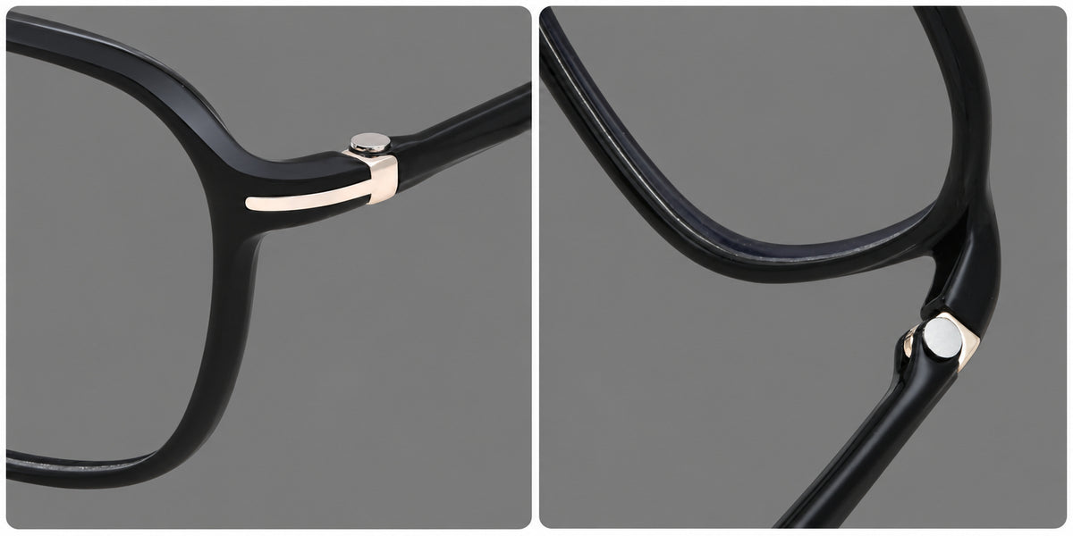 Rounded geometric plastic eyeglasses with softly angled rims and a curved bridge, frame details