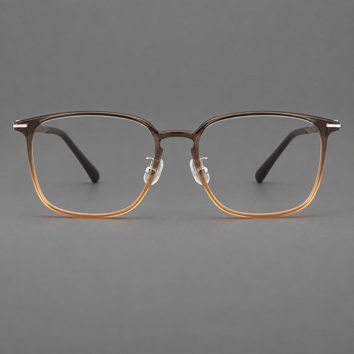 Bold square plastic eyeglasses with a defined browline and an open bridge in Grey Tea Gradient, front view
