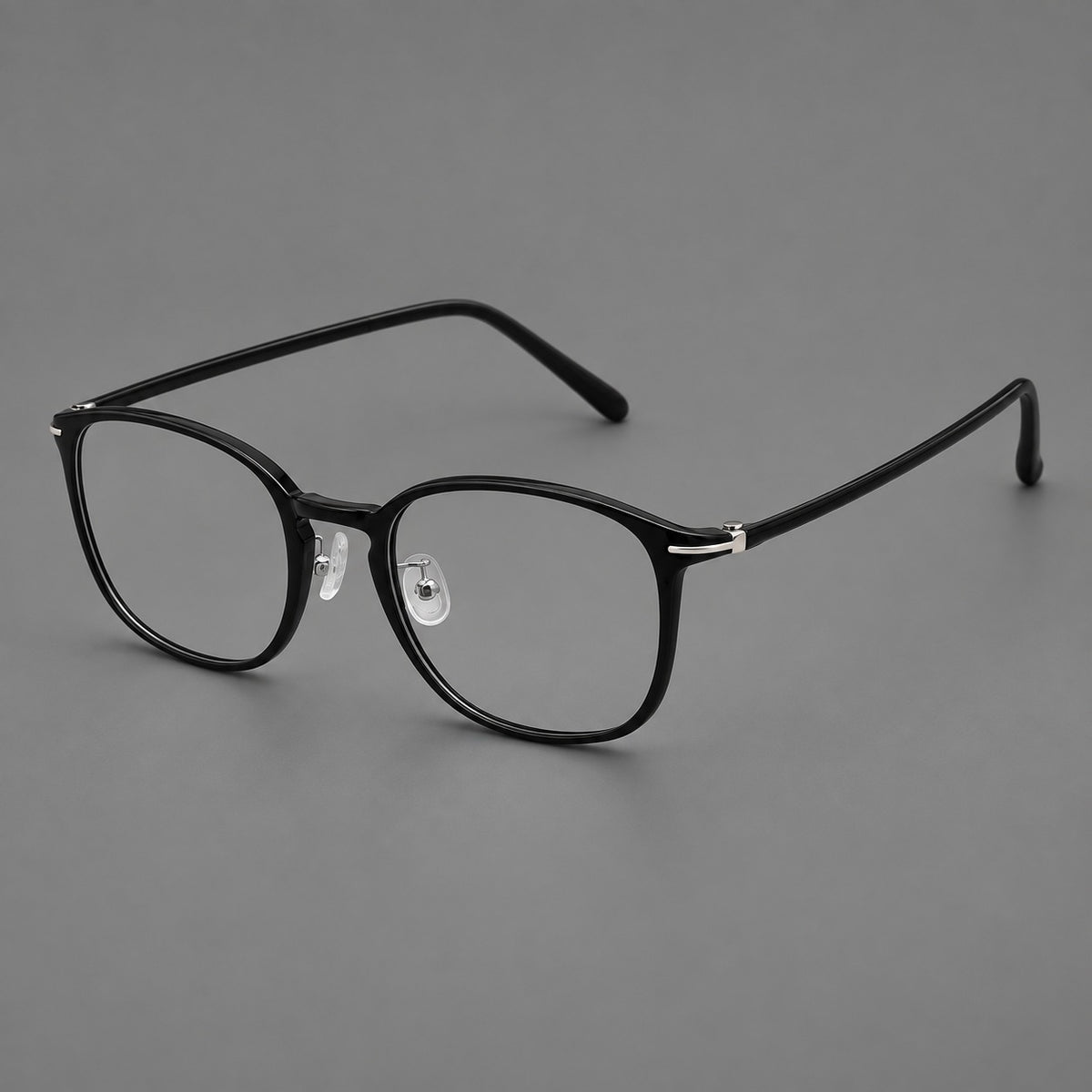 Vintage soft square plastic eyeglasses with deep lenses and a gently arched bridge in Glossy Black, three quarter view