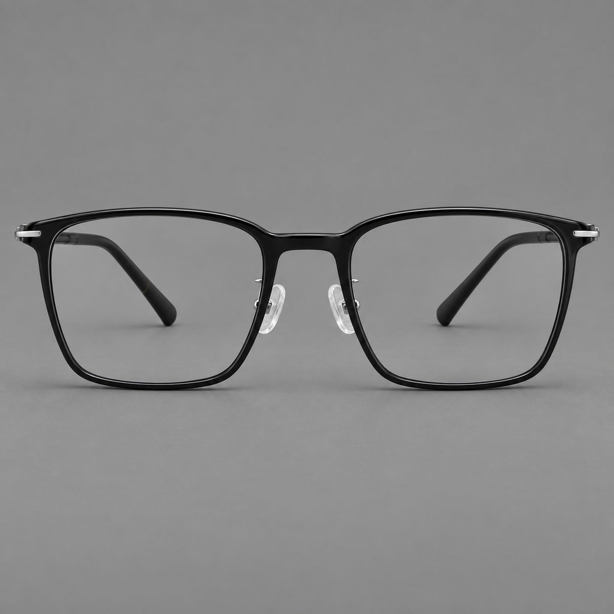 Modern square plastic eyeglasses with a smooth browline and slim metal corner details in Glossy Black, front view
