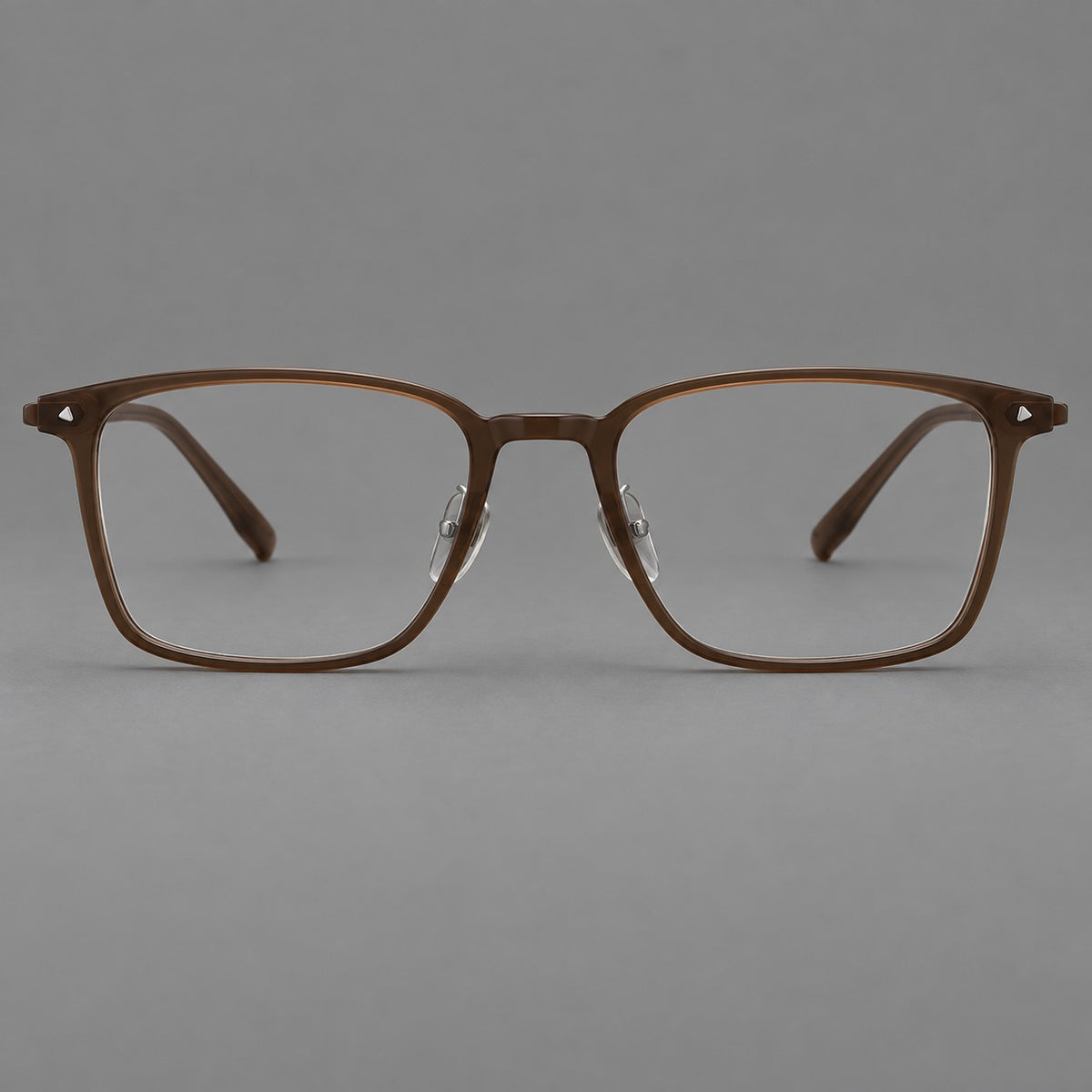 Clean rectangular plastic eyeglasses with flat lower rims and pointed corner details in Tea Brown, front view