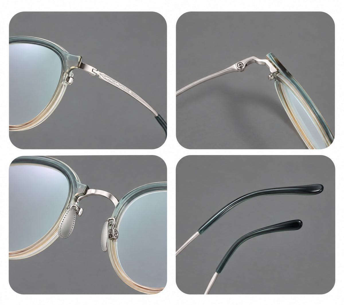Softly rounded eyeglasses in acetate and titanium with a curved bridge and engraved temples, frame details
