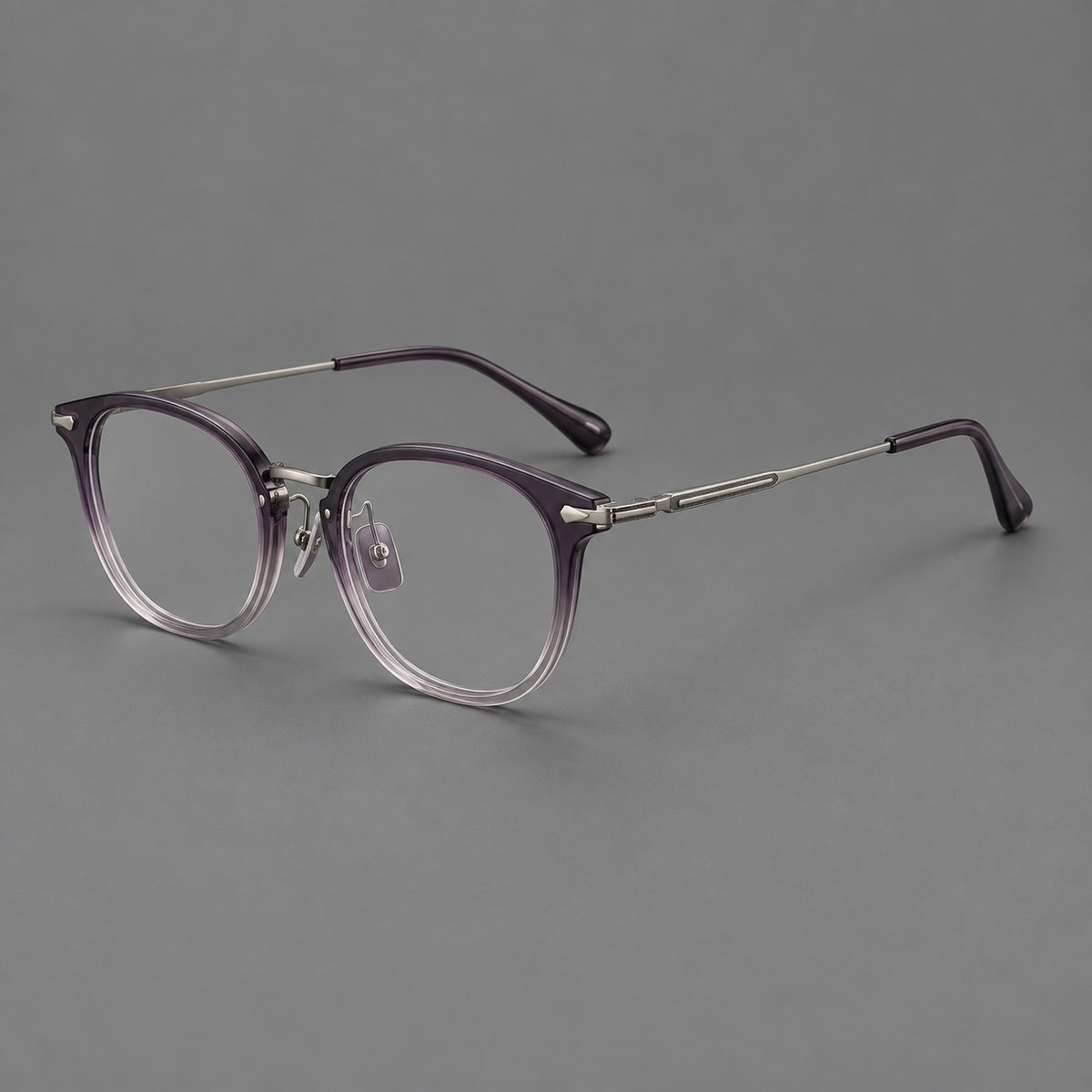 Classic soft square eyeglasses in acetate and titanium with engraved temples and corner accents in Purple Grey Gradient / Gunmetal, three quarter view