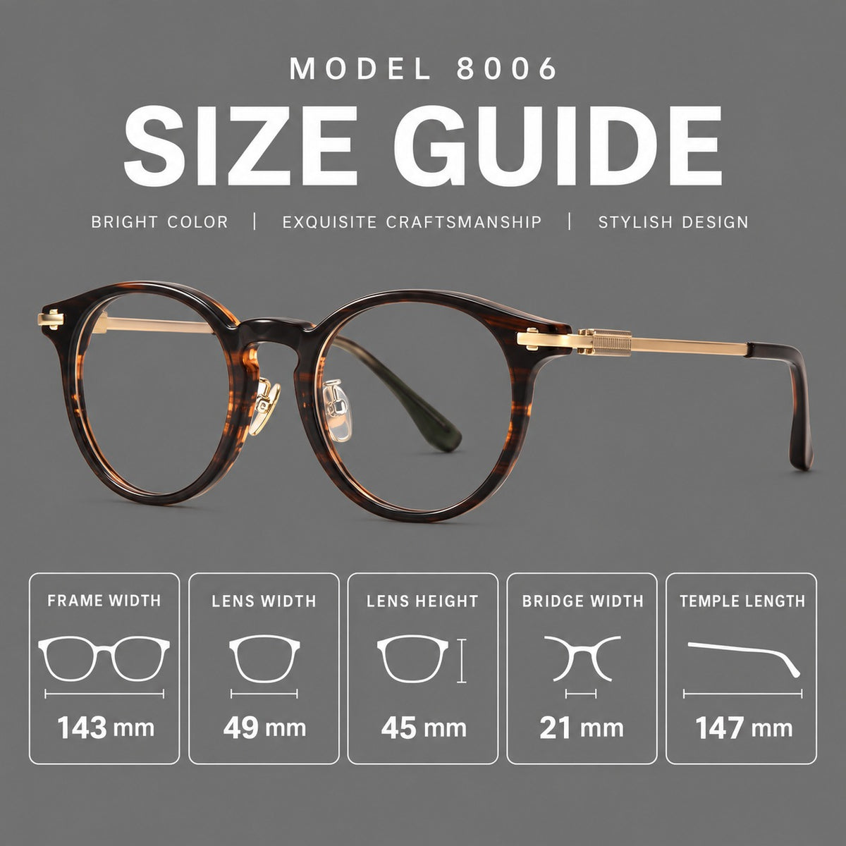 Retro acetate and titanium eyeglasses with round rims and a pronounced keyhole bridge, size guide in millimetres