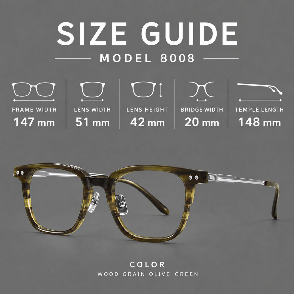 Classic acetate and titanium eyeglasses with squared brows and paired corner rivets, size guide in millimetres