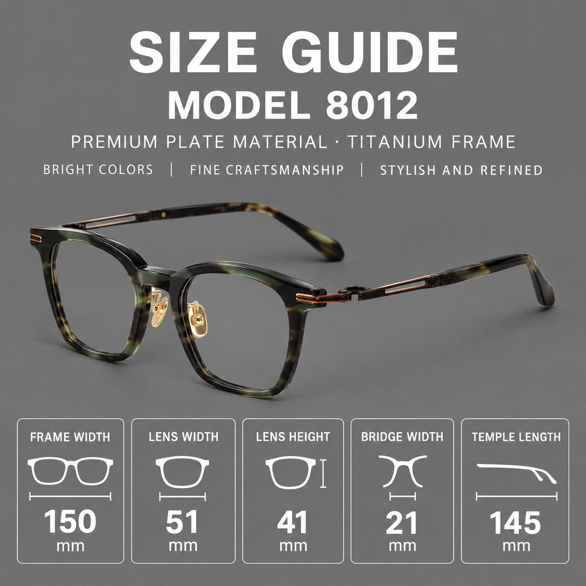 Acetate and titanium eyeglasses with rounded rectangular rims and sculpted open loop joints, size guide in millimetres