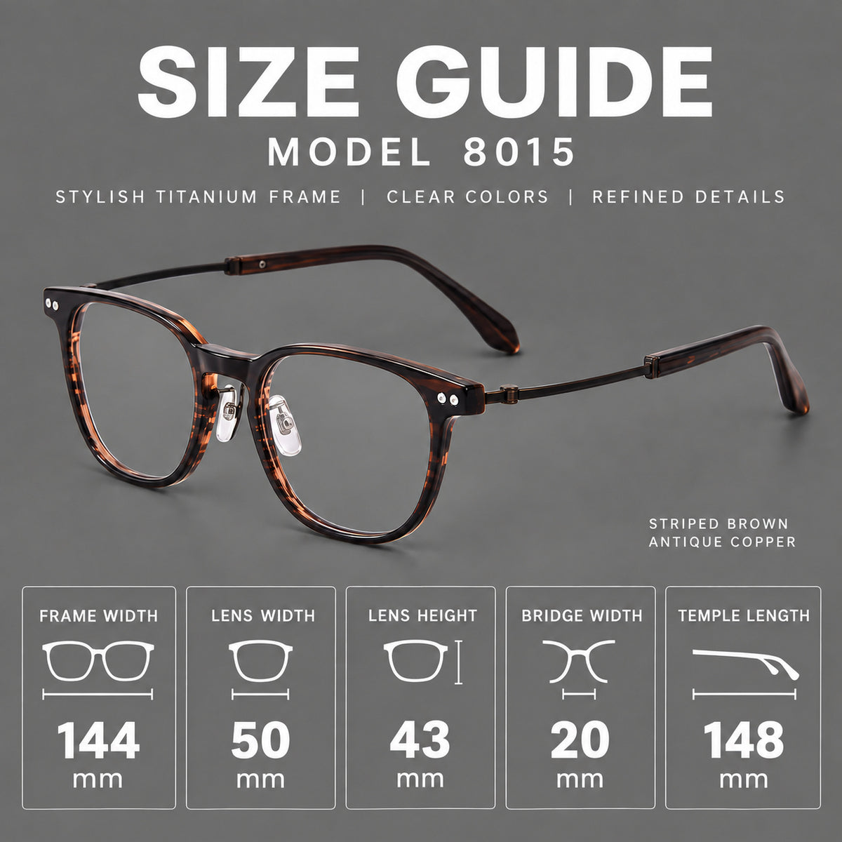 Vintage acetate and titanium eyeglasses with soft square rims and paired metal rivets, size guide in millimetres