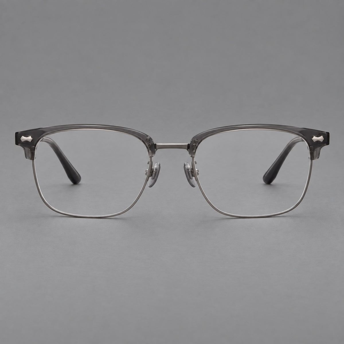 Classic browline titanium glasses with fine lower rims and subtle corner accents in Gunmetal, front view