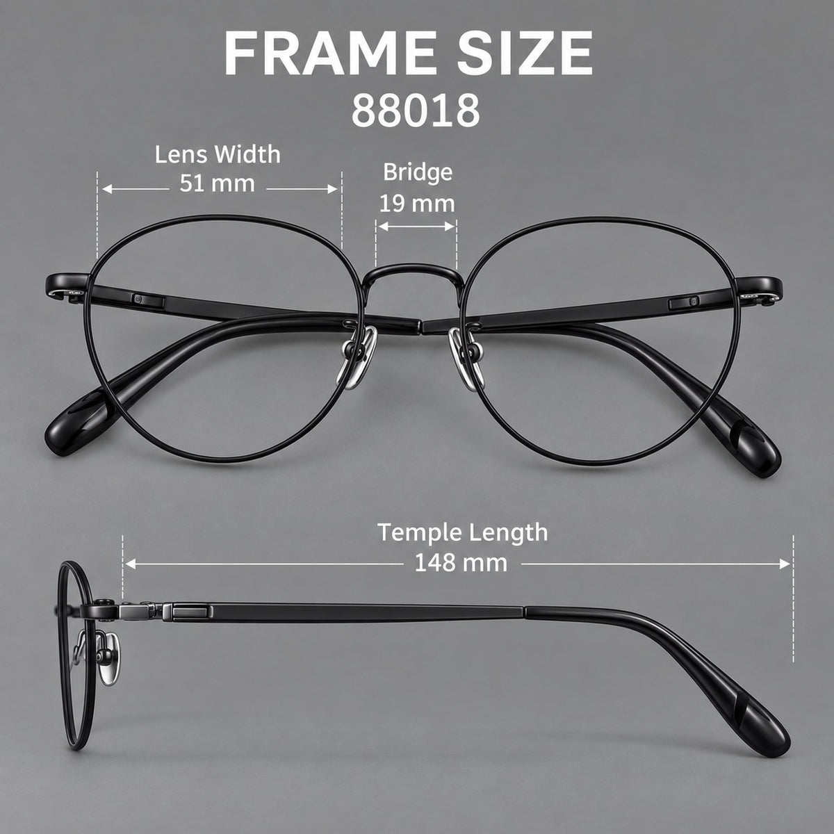 Classic round titanium glasses with broad flat temples and inset hinge details, size guide in millimetres