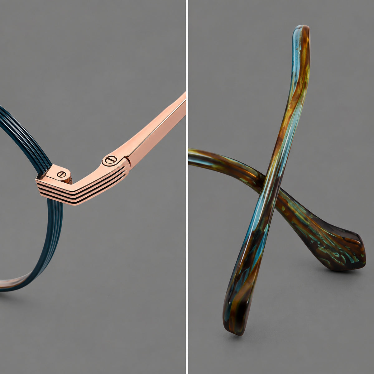Geometric titanium glasses with soft polygonal rims and fine shoulder detailing, frame details