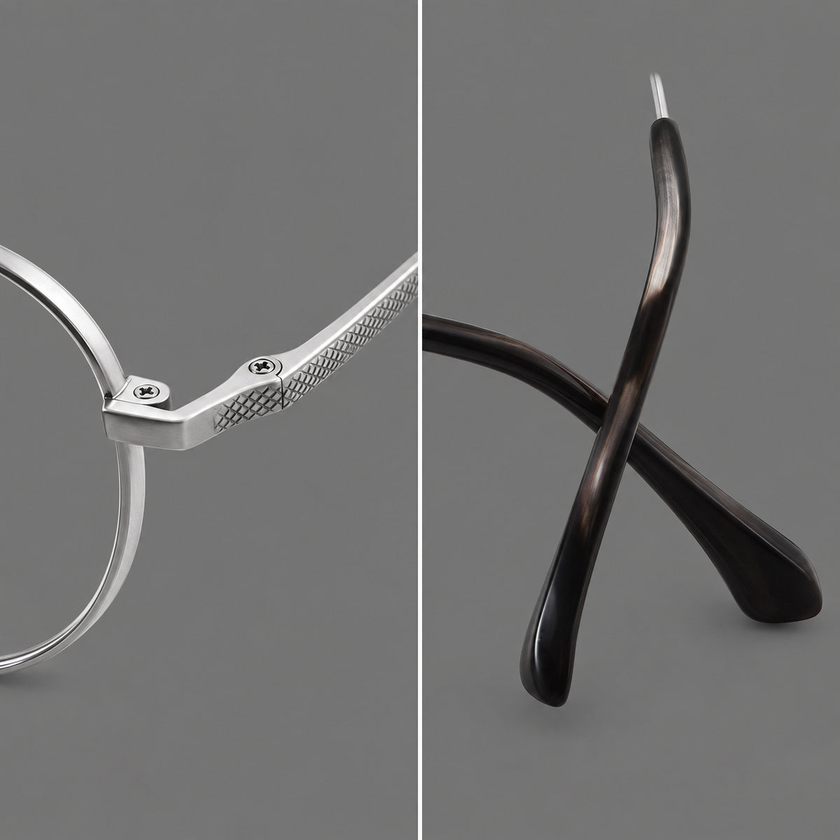 Compact round titanium glasses with an arched bridge and textured temple accents, frame details