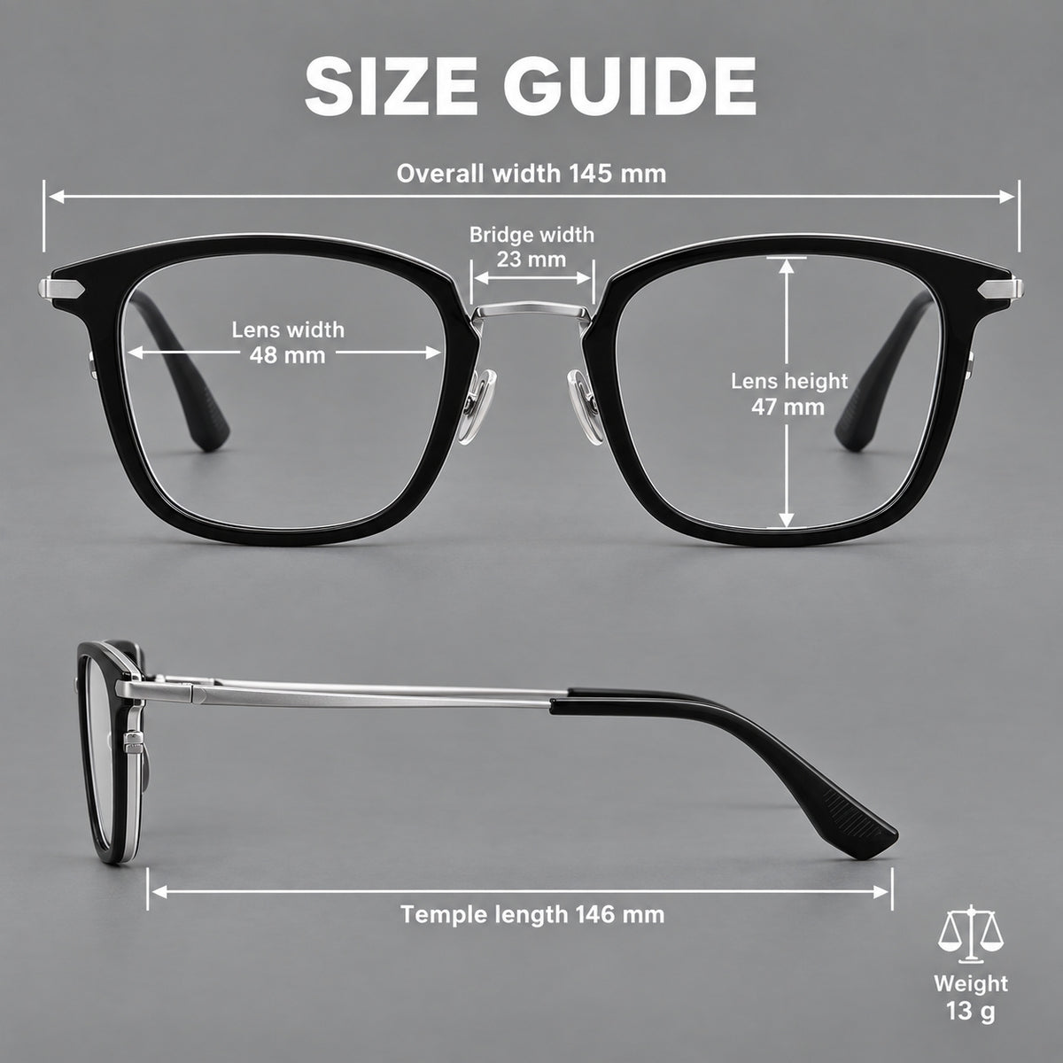 Bold square titanium glasses with a separate bridge and long metal corner accents, size guide in millimetres