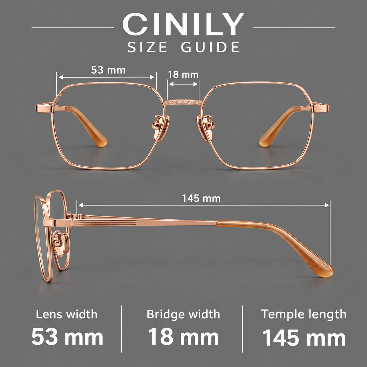 Geometric square titanium glasses with a textured bridge and fine temple grooves, size guide in millimetres