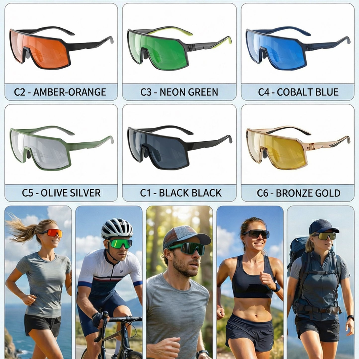 Wide-View Square Shield Sports Sunglasses with Polarised Lens for Outdoor Activities