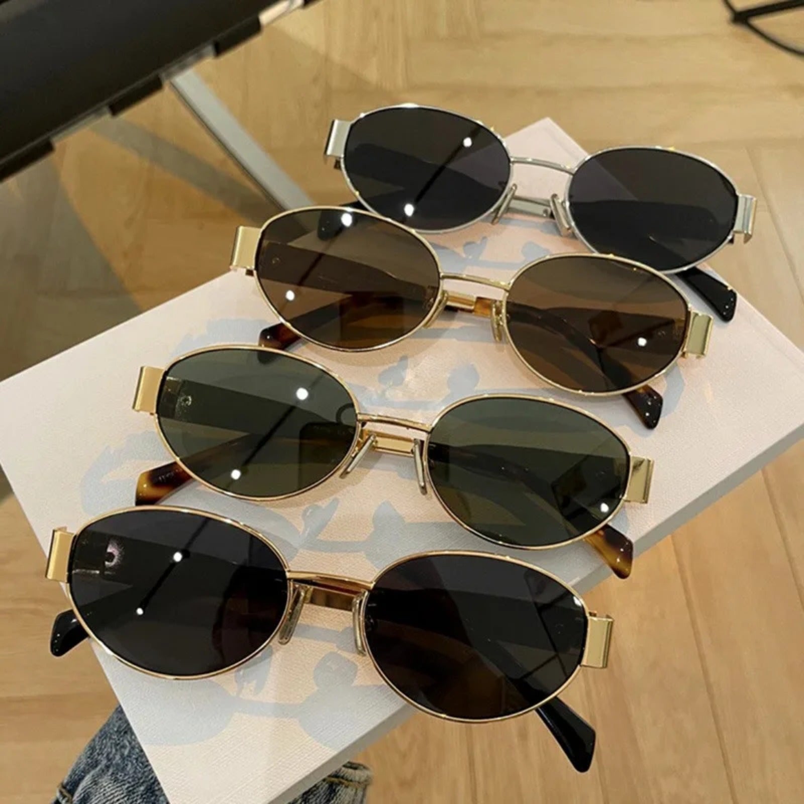 Gold Oval UV400 Sunglasses | Elegant Retro Women’s Shades – CINILY UK temple detail
