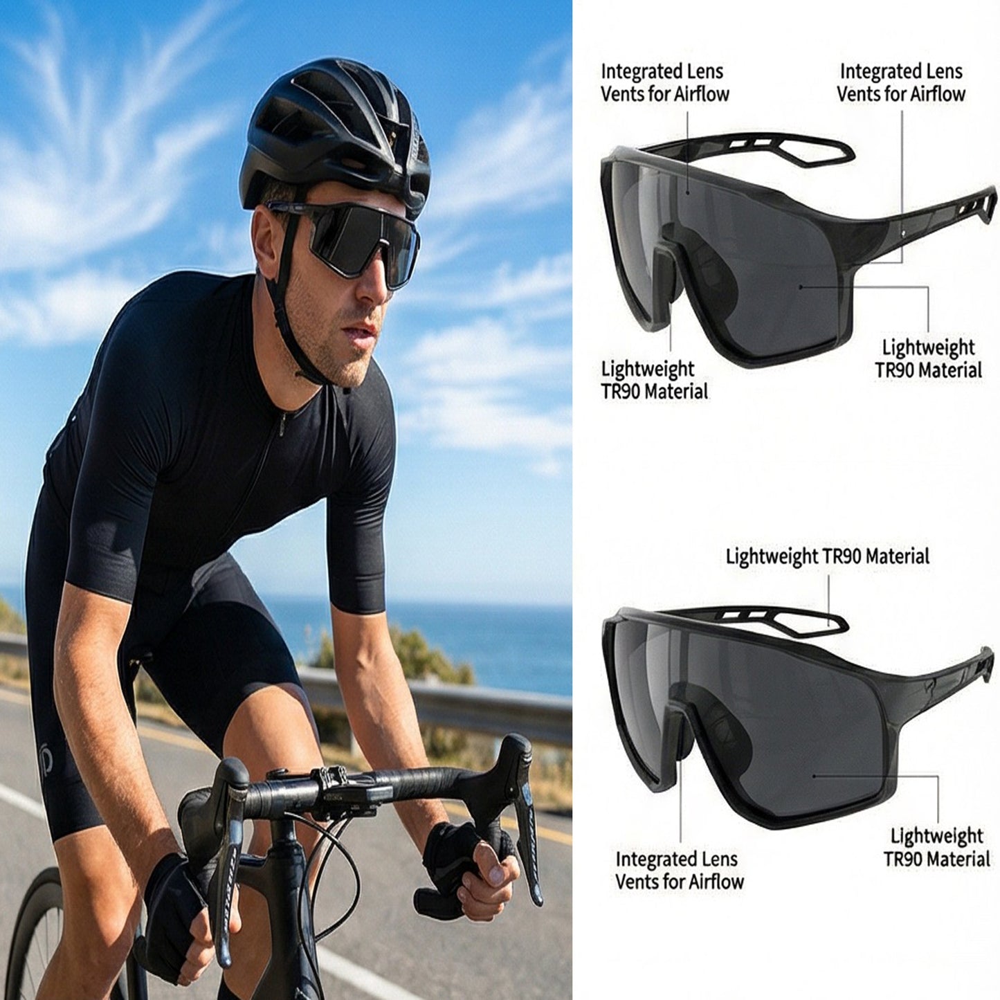 TR90 Geometric Shield Sports Sunglasses with PC Lens for Cycling and Running
