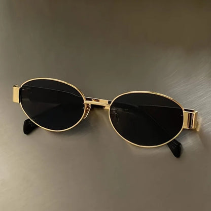 Gold Oval UV400 Sunglasses | Elegant Retro Women’s Shades – CINILY UK frame detail
