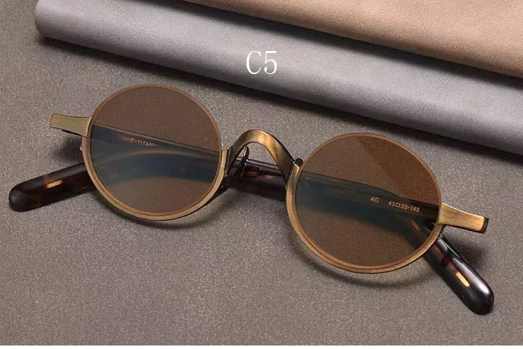 Retro Oval Polarised Sunglasses | Titanium Frame | Dark Brown - Gold