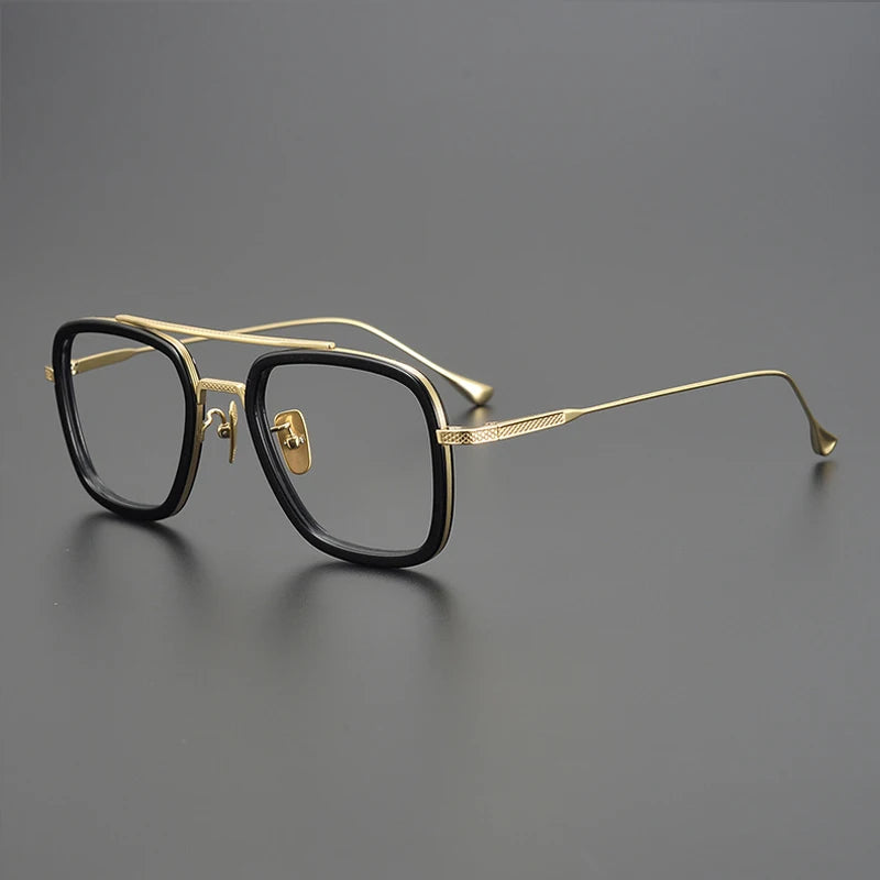 Titanium Acetate Bold Square Prescription Eyeglasses | Retro Designer Rx Glasses – CINILY UK - Black-Gold