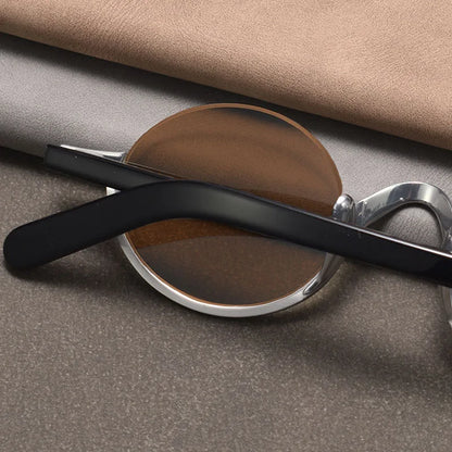 Retro Oval Polarised Sunglasses | Titanium Frame | Dark Brown temple detail