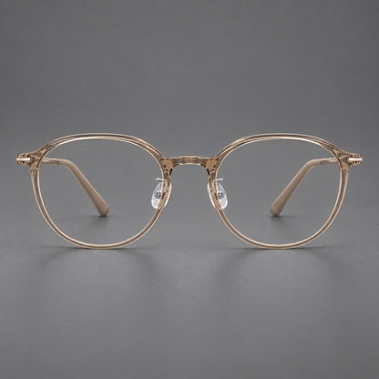 Retro round plastic eyeglasses with a curved bridge and slim metal corner accents in Tea, front view temple detail