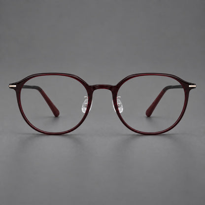 Retro round plastic eyeglasses with a curved bridge and slim metal corner accents in Deep Wine Red, front view additional product view