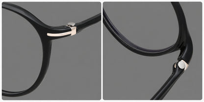 Retro round plastic eyeglasses with a curved bridge and slim metal corner accents, frame details additional product view