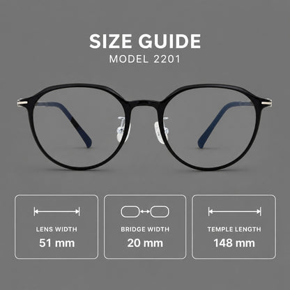 Retro round plastic eyeglasses with a curved bridge and slim metal corner accents, size guide in millimetres additional product view