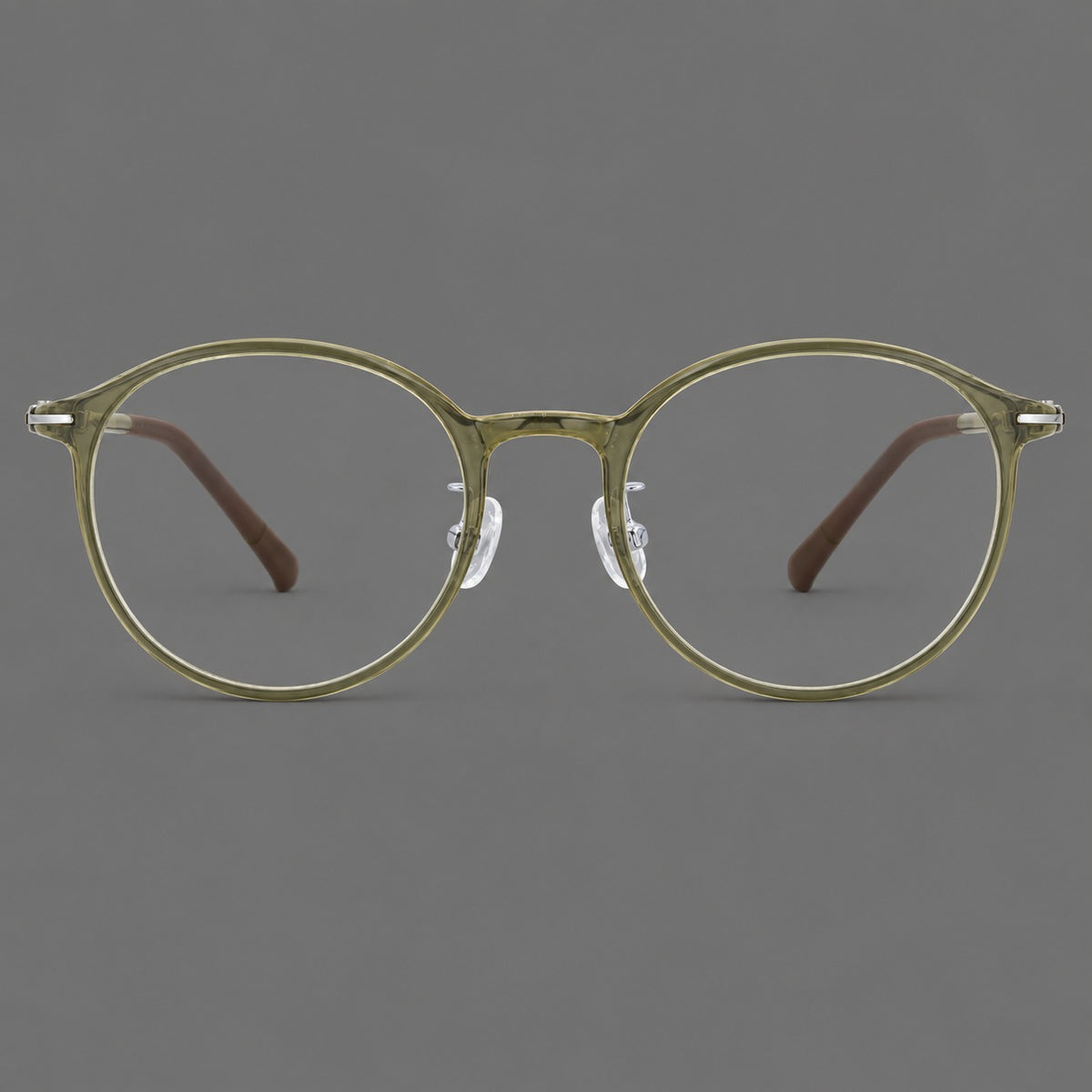 Compact round plastic eyeglasses with gently lifted corners and clear nose pads in Iced Green Tea, front view