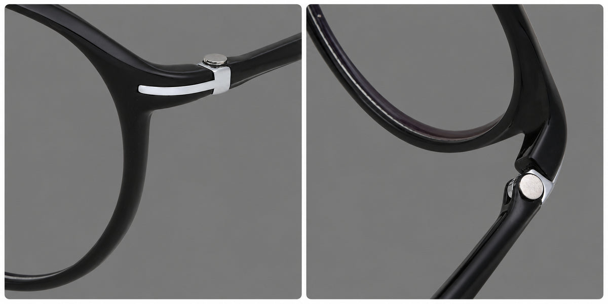 Compact round plastic eyeglasses with gently lifted corners and clear nose pads, frame details