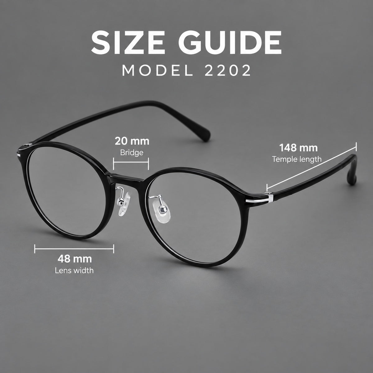 Compact round plastic eyeglasses with gently lifted corners and clear nose pads, size guide in millimetres