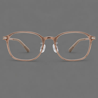 Soft square plastic eyeglasses with a raised browline and rounded lower corners in Amber Tea, front view additional product view