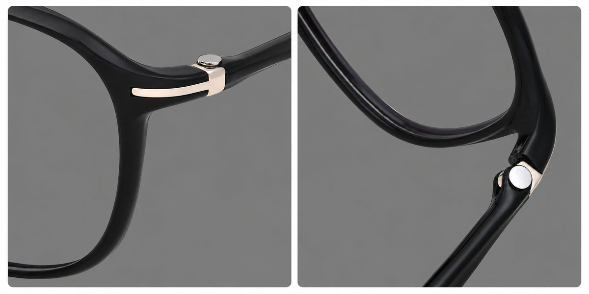 Soft square plastic eyeglasses with a raised browline and rounded lower corners, frame details