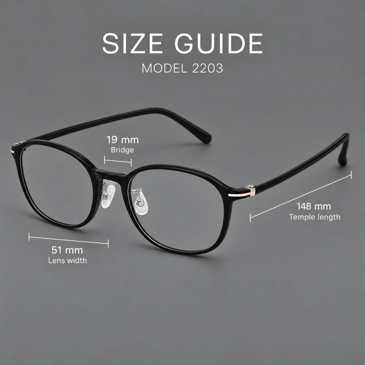 Soft square plastic eyeglasses with a raised browline and rounded lower corners, size guide in millimetres