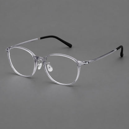 Slim oval plastic eyeglasses with a low profile and subtle metal corner accents in Clear Grey, three quarter view front view