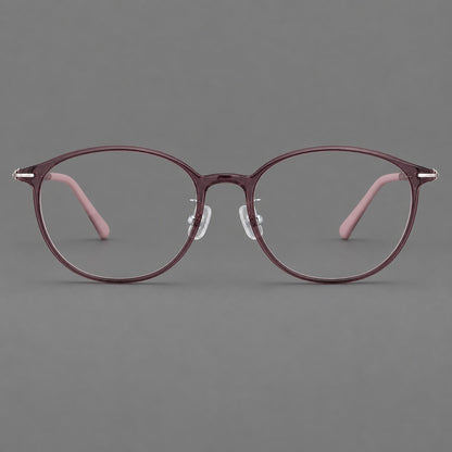 Slim oval plastic eyeglasses with a low profile and subtle metal corner accents in Purple, front view additional product view