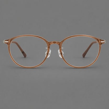Slim oval plastic eyeglasses with a low profile and subtle metal corner accents in Honey Tea, front view additional product view