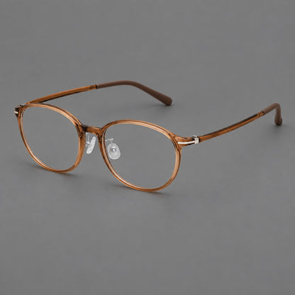 Slim oval plastic eyeglasses with a low profile and subtle metal corner accents in Honey Tea, three quarter view additional product view
