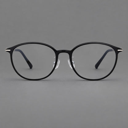 Slim oval plastic eyeglasses with a low profile and subtle metal corner accents in Glossy Black, front view side view