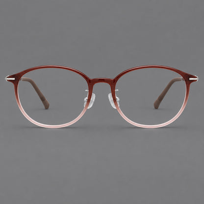 Slim oval plastic eyeglasses with a low profile and subtle metal corner accents in Red Brown Gradient, front view temple detail