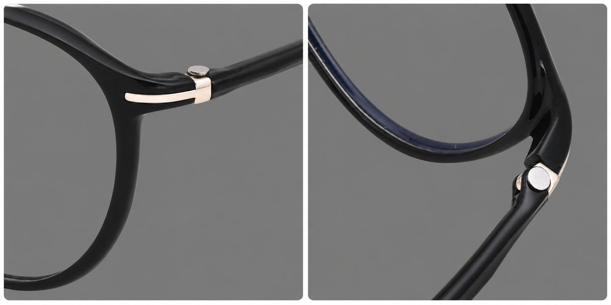Slim oval plastic eyeglasses with a low profile and subtle metal corner accents, frame details
