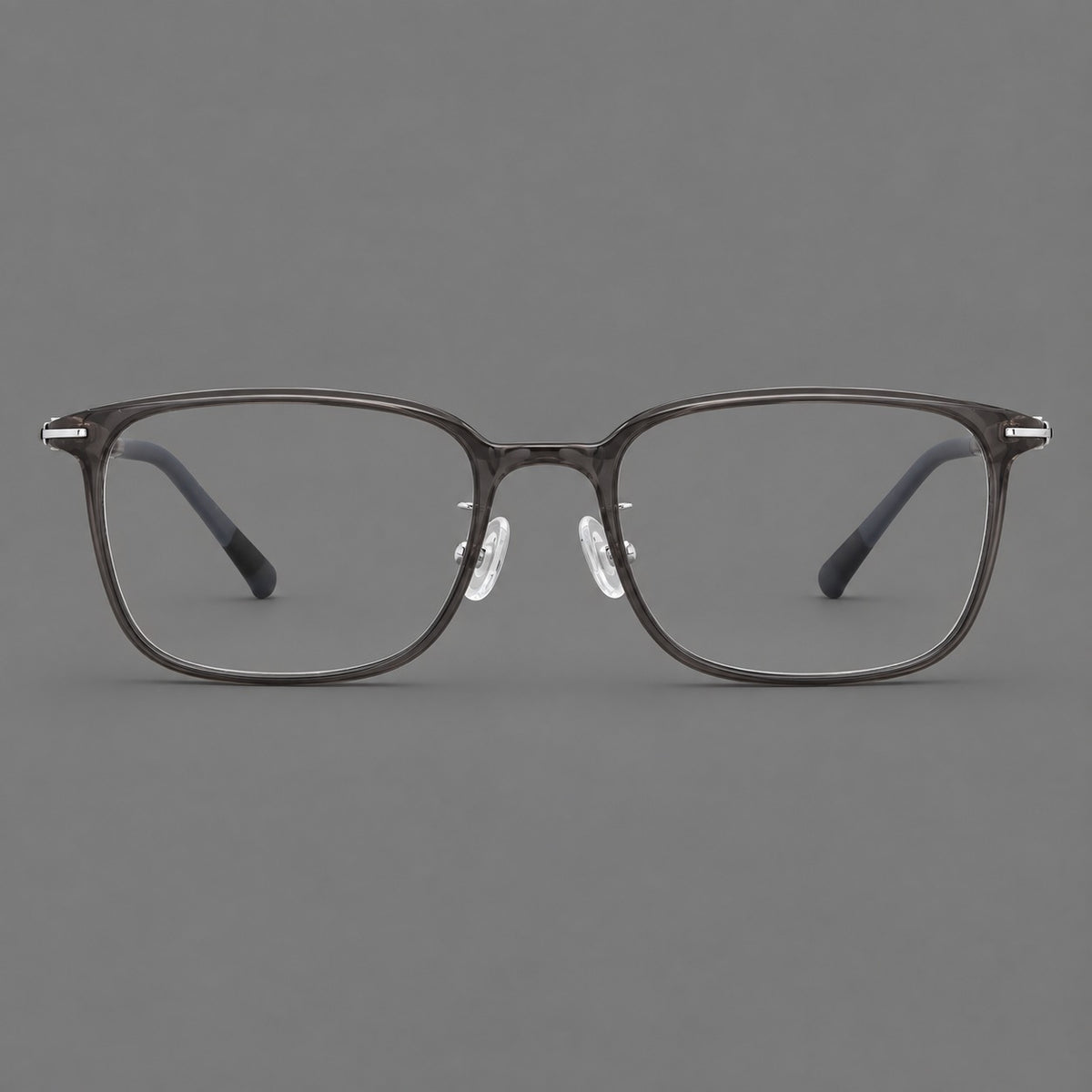 Classic square plastic eyeglasses with broad lenses and softly rounded edges in Dark Grey, front view
