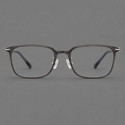 Classic square plastic eyeglasses with broad lenses and softly rounded edges in Dark Grey, front view frame detail