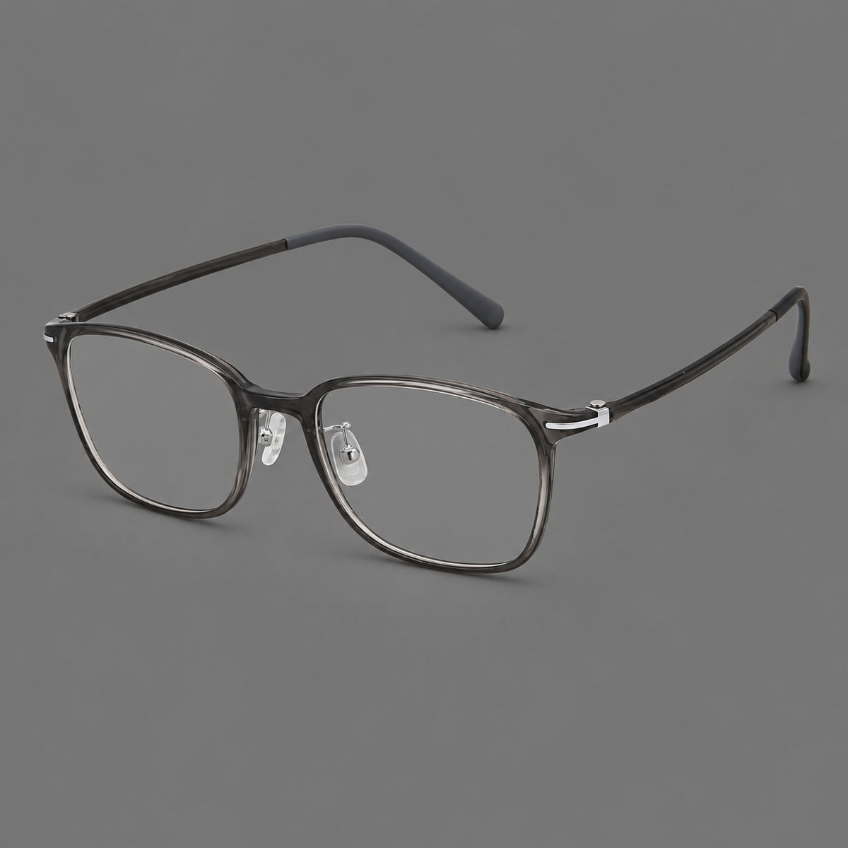 Classic square plastic eyeglasses with broad lenses and softly rounded edges in Dark Grey, three quarter view