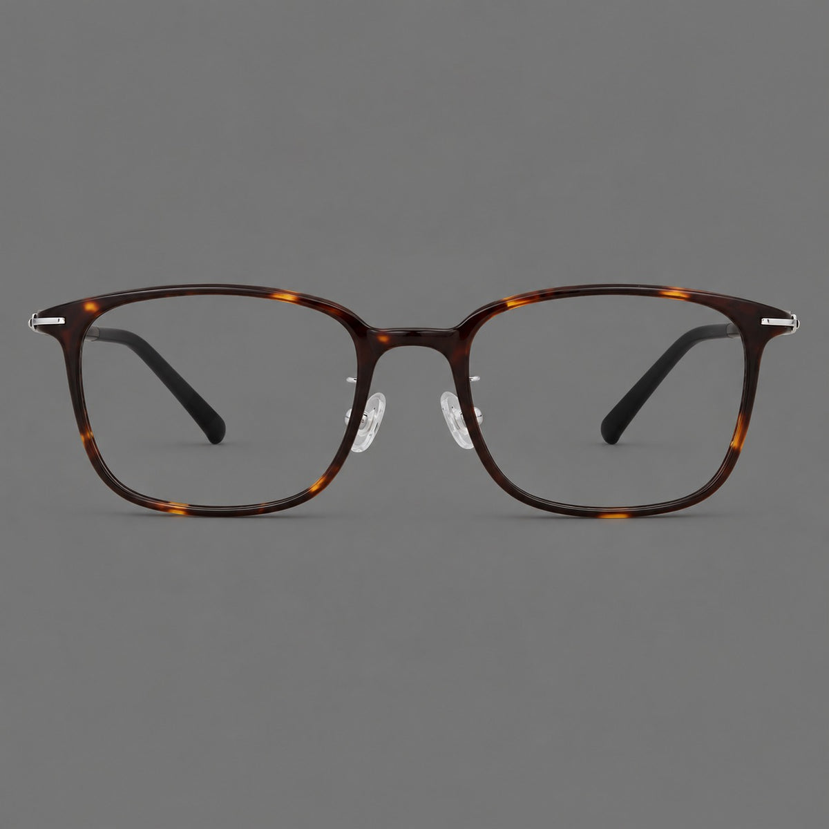 Classic square plastic eyeglasses with broad lenses and softly rounded edges in Tortoiseshell, front view