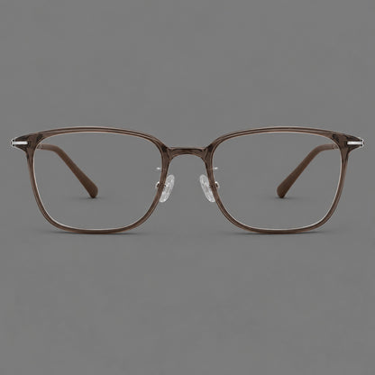 Classic square plastic eyeglasses with broad lenses and softly rounded edges in Ink Brown, front view temple detail