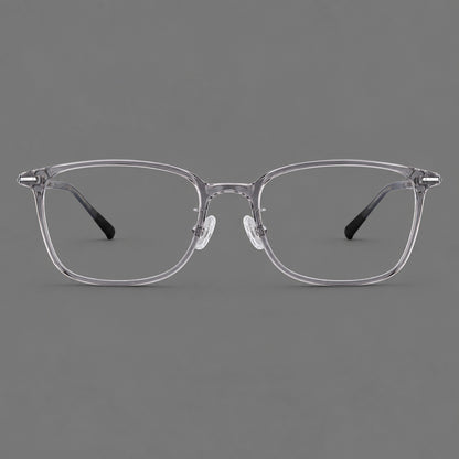 Classic square plastic eyeglasses with broad lenses and softly rounded edges in Clear Grey, front view additional product view